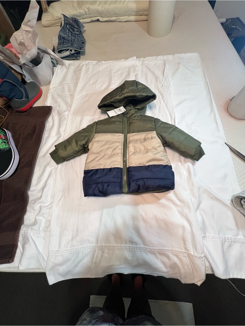First Impressions Olive, Beige & Navy Colorblock Puffer Jacket